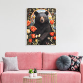 Schwarzer Bär farbenfrohe Tulip-Blume Leinwanddruck (Insitu (Wohnzimmer))