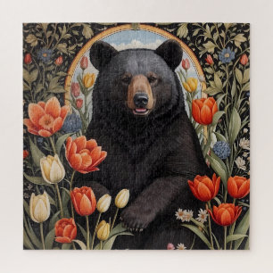 Schwarzer Bär farbenfrohe Tulip-Blume Puzzle