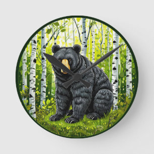 Schwarzer Bär im Birnenwald Runde Wanduhr