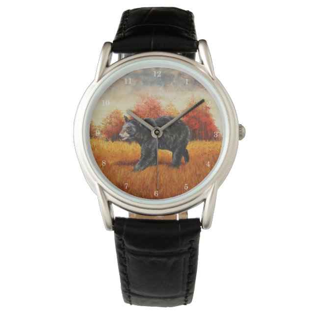 Schwarzer Bär im Herbstwald Armbanduhr (Vorderseite)