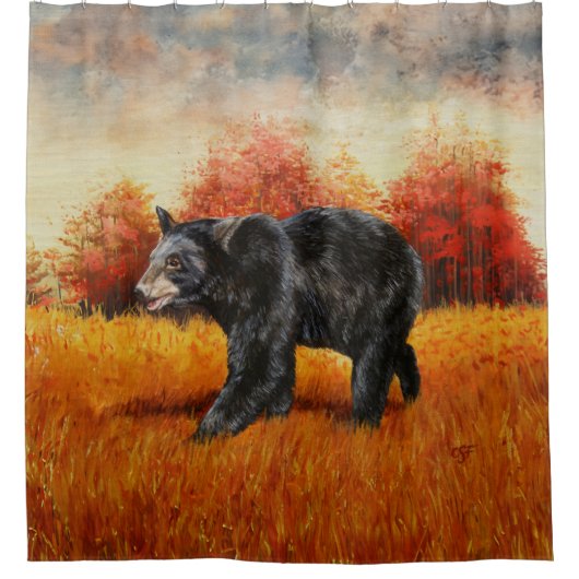 Schwarzer Bär im Herbstwald Duschvorhang (Vorderseite)