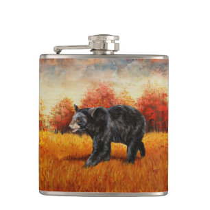 Schwarzer Bär im Herbstwald Flachmann