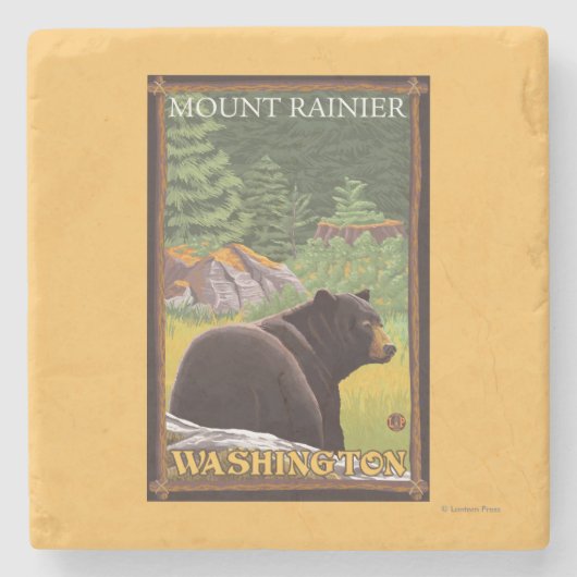 Schwarzer Bär im Wald - der Mount Rainier, Steinuntersetzer (Vorderseite)