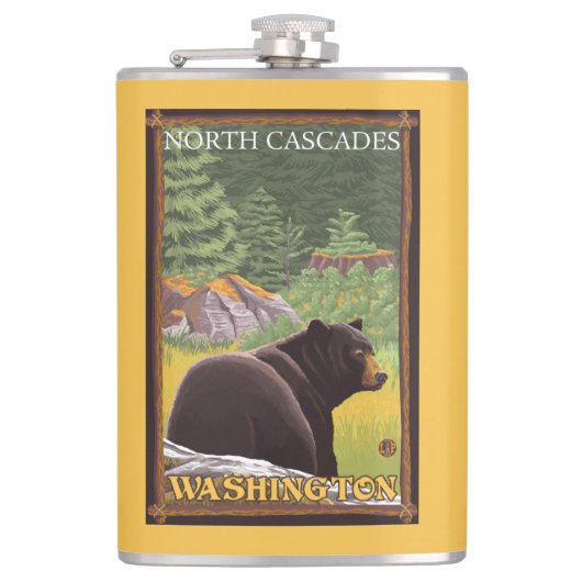 Schwarzer Bär im Wald - Nordkaskaden, Washingto Flachmann (Vorderseite)