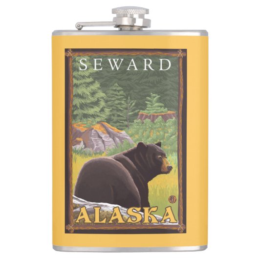 Schwarzer Bär im Wald - Seward, Alaska Flachmann (Vorderseite)