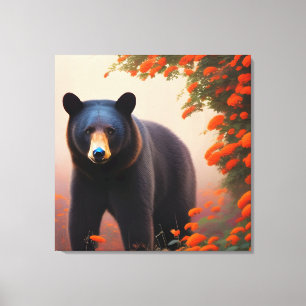 Schwarzer Bär in orangen Blume Leinwanddruck