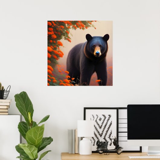 Schwarzer Bär in orangen Blume Poster (Heimbüro)