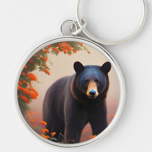 Schwarzer Bär in orangen Blume Schlüsselanhänger (Vorne)