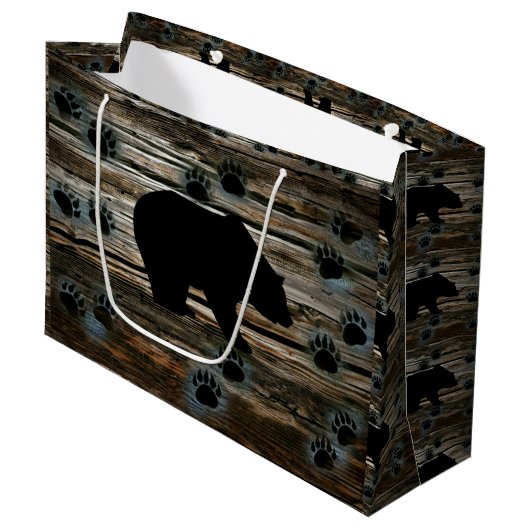 Schwarzer Bär Paws Rustikales Holz Große Geschenktüte (Vorderseite Schrägansicht)