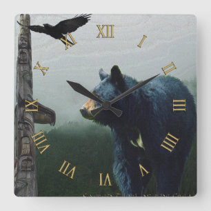 Schwarzer Bär, Raven & Totem Pole Art Quadratische Wanduhr