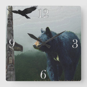 Schwarzer Bär, Raven & Totem Pole Art Quadratische Wanduhr