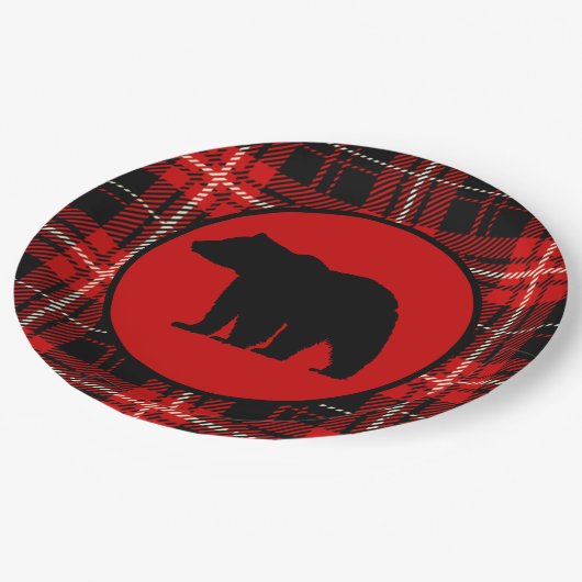 Schwarzer Bär Roter Schwarzer Kariert Pappteller (Schrägansicht)