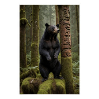 Schwarzer Bär und Totem Pole Poster