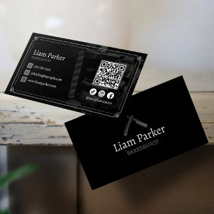 Schwarzer Barbershop-Stuhl Social Media QR Code Visitenkarte