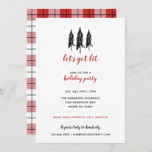 Schwarzer Baum-roter Flanell-kariertes Einladung (Vorne/Hinten)