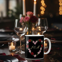 Schwarzer Becher mit Krone aus rosa und roten Blum