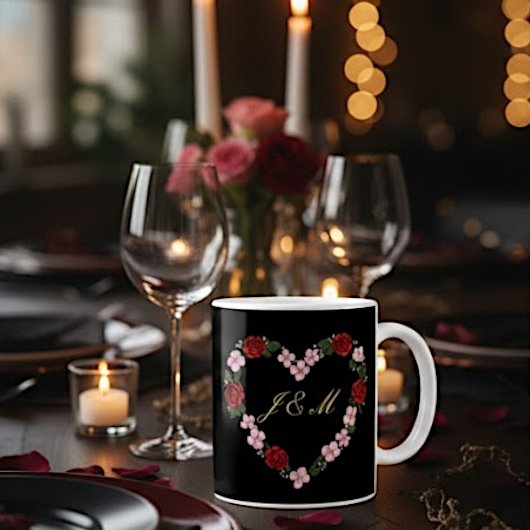 Schwarzer Becher mit Krone aus rosa und roten Blum Kaffeetasse