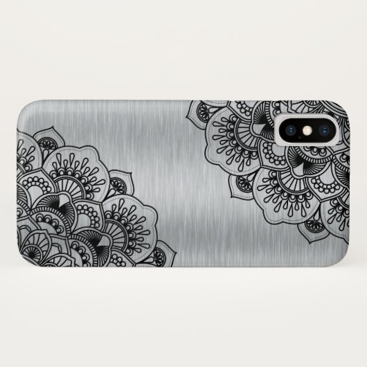 Schwarzer Blumenmandala auf silber gebürstetem Alu Case-Mate iPhone Hülle (Rückseite (Horizontal))