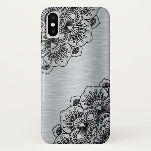Schwarzer Blumenmandala auf silber gebürstetem Alu Case-Mate iPhone Hülle (Rückseite)