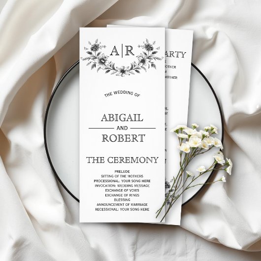 Schwarzer Blumenrahmen mit Monogramm Hochzeitsprog Werbekarte