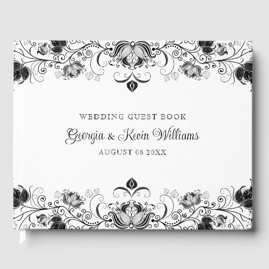 Schwarzer Blumenrand in Weiß Gästebuch (Vorderseite)