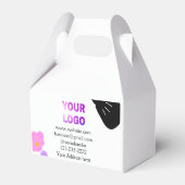 Schwarzer Bogen Rosa lila Blüten Logo-Details hinz Geschenkschachtel (Rückseite)