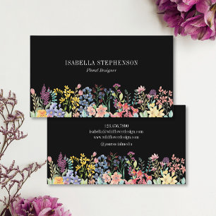 Schwarzer Boho Wildblume Watercolor Visitenkarte