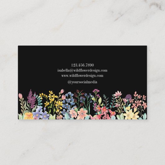 Schwarzer Boho Wildblume Watercolor Visitenkarte (Rückseite)