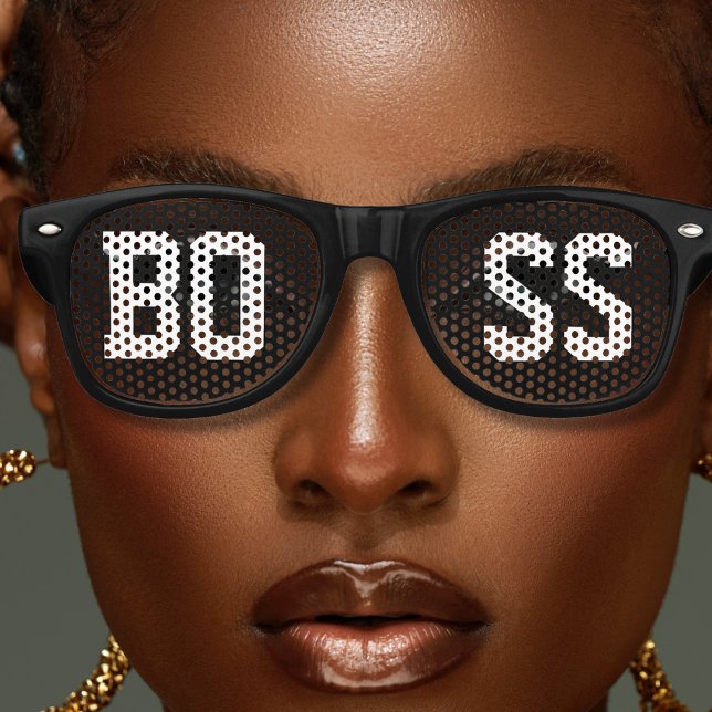 Schwarzer Boss Partybrille (black retro sunglasses with bold letter text BOSS)
