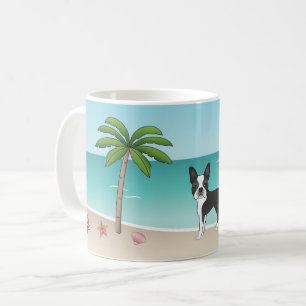 Schwarzer Boston Terrier an einem tropischen Somme Kaffeetasse