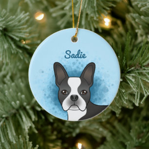 Schwarzer Boston Terrier Cartoon-Hund auf Blau & N Keramik Ornament