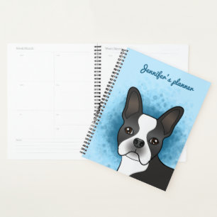 Schwarzer Boston-Terrier-Cartoon-Hund auf Blau und Planer
