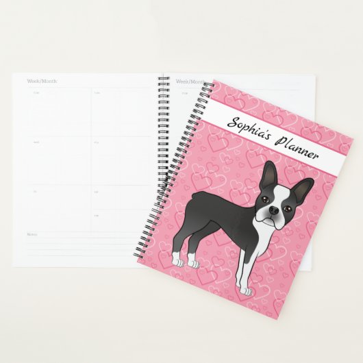 Schwarzer Boston Terrier Hund auf rosa Herzen und Planer (Anzeige)