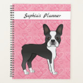 Schwarzer Boston Terrier Hund auf rosa Herzen und Planer (Vorderseite)