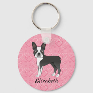 Schwarzer Boston Terrier Hund auf rosa Herzen und Schlüsselanhänger