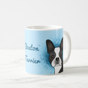 Schwarzer Boston Terrier Hund von vorne auf Blau m Kaffeetasse