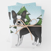 Schwarzer Boston Terrier in einem Winterwald Geschenkpapier Set (Beispiel)