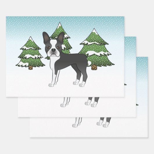 Schwarzer Boston Terrier in einem Winterwald Geschenkpapier Set (Set)