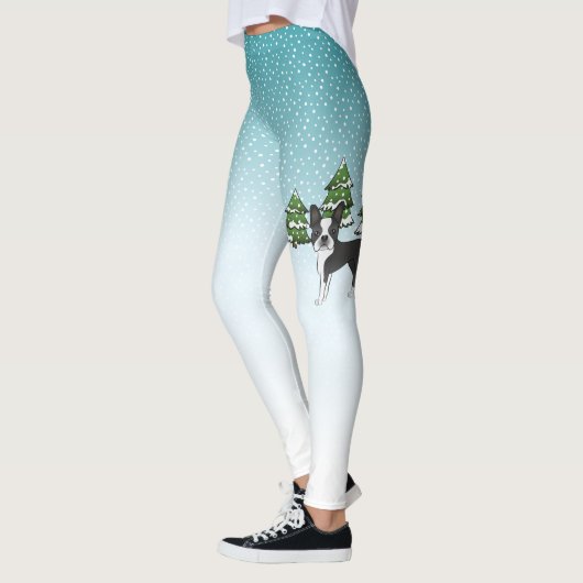 Schwarzer Boston Terrier in einem Winterwald Leggings (Links)