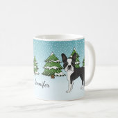 Schwarzer Boston Terrier in einem Winterwald & Nam Kaffeetasse (VorderseiteRechts)