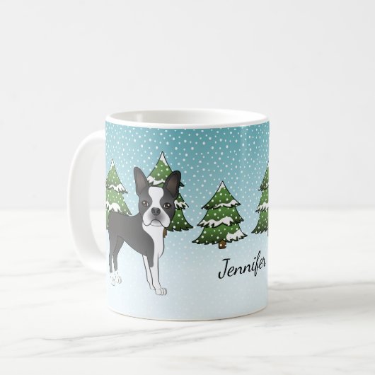 Schwarzer Boston Terrier in einem Winterwald & Nam Kaffeetasse (Vorderseite Links)