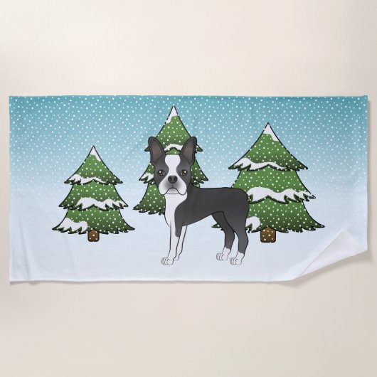 Schwarzer Boston Terrier in einem Winterwald Strandtuch (Vorderseite)