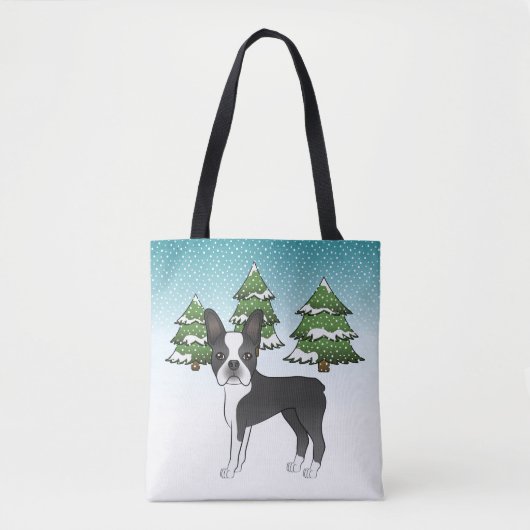Schwarzer Boston Terrier in einem Winterwald Tasche (Vorderseite)