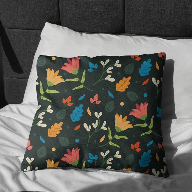Schwarzer Botanischer Blumendruck Kissen (Stylish Elegant Black Floral Pattern Pillow)