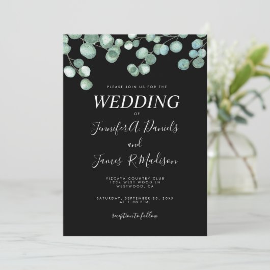 Schwarzer Botanischer Eukalyptus Grüne Hochzeit Einladung (Stehend Vorderseite)