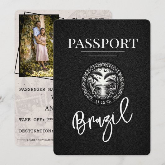 Schwarzer Brasilien Reisepass Save The Date (Vorne/Hinten)