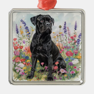 SCHWARZER CANE CORSO HUND IN BLUMENFELD ORNAMENT AUS METALL