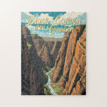 Schwarzer Canyon Der Nationalpark Gunnison Puzzle<br><div class="desc">Black Canyon of the Gunnison Vektorgrafik Design. Der Park umgibt einen Teil einer tiefen,  steilen Schlucht,  die durch den prächtigen Felsen am Gunnison-Fluss geschnitzt wurde. Die Tierwelt umfasst Maultier,  Elch und Goldadler.</div>