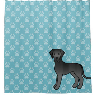 Schwarzer Cartoon Great Dane Hund auf Blau Duschvorhang