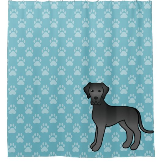 Schwarzer Cartoon Großer Dane Hund auf blau Duschvorhang (Vorderseite)